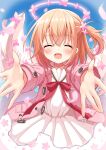  1girl angel_wings blush closed_eyes dress feathered_wings fujii_tatsuya gochuumon_wa_usagi_desu_ka? hair_between_eyes halo highres hoto_cocoa one_side_up open_mouth orange_hair sailor_dress short_hair side_ponytail sky smile solo wings 