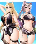  2girls :d absurdres animal_ear_fluff animal_ears arknights arm_strap arm_up bangs bare_shoulders bikini black_bikini black_choker black_shorts black_swimsuit blonde_hair blue_sky breasts choker commentary cowboy_shot day fang food fruit green_eyes highres large_breasts lin_yuhsia_(arknights) long_hair looking_at_viewer micro_shorts mouse_ears multiple_girls navel off_shoulder official_alternate_costume one-piece_swimsuit open_fly open_mouth outdoors purple_hair shorts sky smile standing stomach swimsuit swire_(arknights) tail thigh_strap thighs tiger_ears tiger_tail very_long_hair violet_eyes watermelon yan_kodiac 