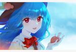  1girl bangs black_headwear blue_hair bow bowtie buttons center_frills collared_shirt commentary_request eyebrows_visible_through_hair eyelashes face food frilled_shirt frills fruit happy hinanawi_tenshi holding holding_food holding_fruit ichita_(yixisama-shihaohaizhi) long_hair open_mouth peach peach_hat_ornament red_bow red_bowtie red_eyes shirt short_sleeves teeth touhou upper_teeth very_long_hair white_shirt 
