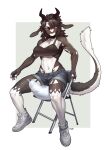  1girl absurdres artist_name black_fur black_hair black_skin border breasts collar colored_skin denim denim_shorts full_body fur furry furry_female grey_background hair_between_eyes highres horns large_breasts medium_hair muscular muscular_female navel original pgm300 red_eyes shoes shorts simple_background sitting solo symbol-only_commentary tail two-tone_background watermark white_border white_fur white_skin 