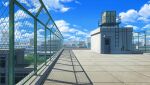  blue_sky building city cityscape clouds commentary_request door highres ladder no_humans original outdoors prachinabana rooftop scenery school shadow sky tree window 