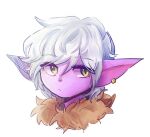  1girl bangs colored_skin cropped_shoulders earrings eyebrows_visible_through_hair fur_collar grey_background jewelry league_of_legends messy_hair nipeu_nip_(yord13) pink_skin pointy_ears portrait shiny shiny_hair short_hair simple_background solo tristana white_hair 
