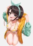  1girl absurdres bangs bare_shoulders black_hair blush bra breasts coat collarbone hair_ribbon highres hololive legs li_zhu looking_at_viewer medium_breasts multicolored_hair oozora_subaru open_mouth ribbon shirt smile solo streaked_hair striped striped_bra swimsuit underwear virtual_youtuber white_background 