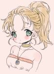  1girl bare_shoulders blonde_hair blue_eyes blush breasts choker chrono_trigger jewelry long_hair looking_at_viewer maitou marle_(chrono_trigger) necklace ponytail simple_background smile solo 