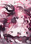  1girl alternate_costume apron bangs black_bow black_hair bow bowtie enmaided frilled_apron frills hair_bow hair_ornament highres long_hair looking_at_viewer maid maid_apron maid_headdress one_eye_covered original petals pink_bow qianqianjie red_eyes solo 