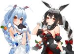  2girls :p alternate_color alternate_hair_color animal_ear_fluff animal_ears bangs bare_shoulders black_dress black_gloves black_hair blue_hair blush bow braid bunny-shaped_pupils carrot_hair_ornament closed_mouth commentary detached_sleeves don-chan_(usada_pekora) dress dual_persona finger_to_mouth fingerless_gloves food-themed_hair_ornament fur_scarf gloves gotoh510 hair_between_eyes hair_bow hair_ornament heart highres hololive long_hair looking_at_viewer multicolored_hair multiple_girls own_hands_together palette_swap puffy_short_sleeves puffy_sleeves rabbit_ears red_bow red_eyes short_sleeves simple_background symbol-only_commentary symbol-shaped_pupils thick_eyebrows tongue tongue_out twin_braids twintails two-tone_hair upper_body usada_pekora very_long_hair virtual_youtuber white_background white_bow white_dress white_hair 