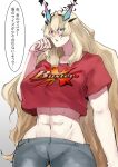  1girl abs absurdres blonde_hair buster_sword fairy_knight_gawain_(fate) fate/grand_order fate_(series) green_eyes gumi_(the_eye_of_darkness) heterochromia highres long_hair muscular muscular_female red_eyes red_shirt shirt translation_request very_long_hair 