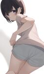  1girl bangs black_hair blue_eyes blue_shorts blunt_bangs closed_mouth eyebrows_visible_through_hair from_behind highres hiroki_(yyqw7151) looking_at_viewer looking_back original shirt short_hair shorts solo t-shirt thighs white_shirt 