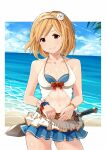  1girl beach bikini_skirt blonde_hair blue_sky bracelet breasts brown_eyes commentary_request cowboy_shot day djeeta_(granblue_fantasy) flower granblue_fantasy hair_flower hair_ornament hairband highres jewelry kaguya_(srx61800) looking_at_viewer medium_breasts medium_hair microskirt navel ocean outdoors scrunchie skirt sky smile solo swimsuit sword weapon weapon_on_back wrist_scrunchie 