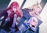  3girls armor armored_dress bangs bare_shoulders blonde_hair blue_armor blue_dress breastplate breasts brown_eyes center_frills detached_collar detached_sleeves dress earrings fairy_knight_gawain_(fate) fairy_knight_lancelot_(fate) fairy_knight_tristan_(fate) fate/grand_order fate_(series) frills gauntlets green_eyes grey_eyes highres horns jewelry large_breasts long_hair moto_u_toe_say multiple_girls pauldrons pink_hair pointy_ears red_dress short_dress shoulder_armor sidelocks small_breasts smile tiara white_hair 