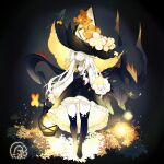  1girl black_dress dress familiar flower fy_fei_xiao_ya hat highres lantern large_hat leaf long_hair long_sleeves original solo thigh-highs walking white_hair witch_hat yellow_eyes 