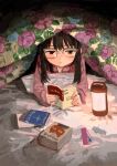  1girl absurdres blanket blush book brown_eyes brown_hair floral_print futon glasses highres holding holding_book lantern light long_hair lying on_stomach original pajamas pillow reading semi-rimless_eyewear shadow sketch solo under_covers zinbei 