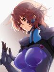  1girl bangs breasts bright_pupils brown_hair fortified_suit from_side gloves grey_gloves hair_between_eyes highres isumi_michiru kamon_rider looking_down medium_breasts muvluv muvluv_alternative open_hand parted_lips pilot_suit portrait shadow short_hair skin_tight solo violet_eyes white_background white_pupils 