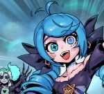  1boy 1girl :d ahoge bangs bare_shoulders black_bow black_jacket blue_eyes blue_hair blush bow breasts collarbone dress drill_hair eulogy_of_the_isles ghost gradient gradient_background green_background grey_hair gwen_(league_of_legends) hair_bow jacket league_of_legends medium_hair off-shoulder_dress off_shoulder open_clothes open_jacket phantom_ix_row shiny shiny_hair short_sleeves small_breasts smile symbol-only_commentary teeth tongue twin_drills twintails upper_teeth viego_(league_of_legends) 