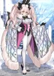  1girl animal_ear_fluff animal_ears black_gloves black_ribbon breasts cape eyebrows_visible_through_hair fate/grand_order fate_(series) fox_ears fox_girl fox_tail full_body fur-trimmed_cape fur_trim glasses gloves hair_ribbon koyanskaya_(assassin)_(second_ascension)_(fate) koyanskaya_(fate) large_breasts leotard long_hair looking_at_viewer official_art pink_hair rabbit_ears ribbon ruins snowing solo tail tamamo_(fate) twintails wada_arco white_background white_leotard yellow_eyes 