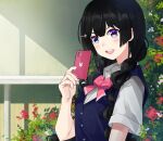  1girl :d black_hair blue_eyes blush bow bowtie braid cellphone commentary_request flower hair_ornament hairclip highres kaguya_(srx61800) long_hair looking_at_viewer nijisanji outdoors phone pink_bow school_uniform smile solo tsukino_mito twin_braids upper_body virtual_youtuber 