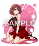  1girl bangs black_footwear blush breasts bright_pupils brown_eyes brown_hair collarbone commission dress earrings english_commentary hand_on_own_leg high_heels jewelry kamon_rider large_breasts leaning_forward original red_dress sample_watermark short_hair sitting skeb_commission smile solo wariza white_pupils 