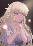  1girl black_bow blonde_hair blue_eyes bow dress ender_lilies_quietus_of_the_knights eyebrows_visible_through_hair flat_chest fuwamoko_momen_toufu gem highres jewelry lily_(ender_lilies) long_hair necklace praying simple_background solo very_long_hair white_dress 