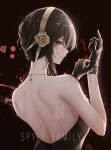  1girl absurdres back backless_dress backless_outfit bangs black_dress black_hair blood dress gloves hair_ornament highres jewelry looking_at_viewer looking_back necklace red_eyes solo spy_x_family turbulence yor_briar 