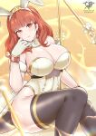  1girl absurdres animal_ears artist_logo bare_shoulders black_legwear breasts celica_(fire_emblem) detached_collar fake_animal_ears fire_emblem fire_emblem_echoes:_shadows_of_valentia gloves gold_trim hand_on_own_face highres kaos_art large_breasts leotard playboy_bunny rabbit_ears red_eyes redhead sitting thigh-highs white_gloves white_leotard 