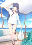  1boy blue_sky bulge can commentary_request couch crossdressing highres holding holding_can koushisong leg_up long_hair male_focus ocean original otoko_no_ko outdoors shirt sky smile solo standing swimsuit twintails water white_shirt 