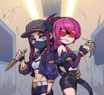  2girls akali back-to-back bangs bare_shoulders baseball_cap belt black_shorts blue_eyes breasts claws closed_mouth detached_sleeves evelynn_(league_of_legends) fur_trim grey_belt hat holding holding_weapon hood hooded_jacket jacket k/da_(league_of_legends) k/da_akali k/da_evelynn kunai league_of_legends long_sleeves looking_at_viewer mask medium_breasts mouth_mask multiple_girls navel open_clothes open_jacket phantom_ix_row pink_eyes pink_hair redhead shiny shiny_hair shorts smile stomach sunglasses weapon 