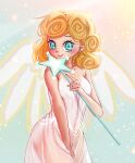  androgynous angel_cookie aqua_eyes blonde_hair closed_mouth cookie_run curly_hair dress eyebrows_behind_hair eyelashes highres looking_at_viewer moe_kayjay one_eye_closed short_hair sleeveless sleeveless_dress smile solo sparkle wand white_dress 