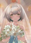  1girl absurdres blush bouquet bridal_veil bride dress english_commentary flower genshin_impact green_eyes highres holding holding_bouquet jhaysie looking_at_viewer noelle_(genshin_impact) short_hair silver_hair smile solo upper_body veil wedding wedding_dress 