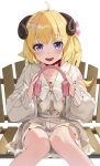  1girl :d absurdres ahoge animal_ears bench blonde_hair blush commentary_request eyebrows_visible_through_hair hair_between_eyes headphones highres hololive horns kaguya_(srx61800) knees_together_feet_apart long_hair long_sleeves looking_at_viewer neck_ribbon ponytail ribbon sheep_ears sheep_girl sheep_horns simple_background sitting smile solo tsunomaki_watame violet_eyes virtual_youtuber white_background 