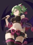  1girl absurdres bangs bare_shoulders black_background black_legwear black_shirt black_shorts breasts commentary_request cowboy_shot crop_top genshin_impact green_hair groin hair_between_eyes hand_up highres holding holding_weapon jacket kuki_shinobu kunai large_breasts midriff mojideliangchen_liangchen navel off_shoulder open_clothes open_jacket partial_commentary ponytail purple_jacket reverse_grip shirt short_hair short_shorts shorts sleeveless sleeveless_shirt solo standing stomach thigh-highs thighs violet_eyes weapon 