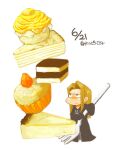  1boy arrow_(symbol) black_cloak black_eyes blonde_hair blush cake cake_slice chibi cloak closed_mouth commentary_request cupcake dated dessert food food_focus forehead fork fruit full_body hair_intakes half-closed_eyes holding holding_fork kinashi kingdom_hearts long_hair long_sleeves looking_up male_focus miniboy nose_blush sidelocks simple_background sleeves_past_fingers sleeves_past_wrists solo standing strawberry translation_request vexen white_background zipper 