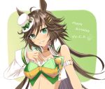  172634mai 1girl ahoge animal_ears arm_strap bangs bare_shoulders breasts brown_hair character_name choker commentary_request crop_top eyebrows_visible_through_hair green_eyes green_shirt grin hair_between_eyes hair_ornament hairclip happy_birthday hat head_tilt highres horse_ears jacket large_breasts long_hair long_sleeves looking_at_viewer midriff mini_hat mini_top_hat mr._c.b._(umamusume) open_clothes open_jacket shirt smile solo strapless strapless_shirt top_hat umamusume upper_body very_long_hair white_headwear white_jacket yellow_choker 