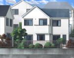  blue_sky building bush clouds commentary_request fence hakuurei_amano highres house no_humans original outdoors road scenery sky street tree watermark window 