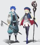  1boy 1girl absurdres artoria_pendragon_(caster)_(fate) artoria_pendragon_(fate) baggy_clothes baggy_pants belt black_bow black_gloves black_legwear blonde_hair blue_belt blue_capelet blue_footwear blue_hair blue_headwear bow bowtie braid braided_ponytail capelet closed_mouth cu_chulainn_(fate) dress earrings fate/grand_order fate/grand_order_arcade fate_(series) full_body gloves grey_background hair_bow hand_on_hip hat highres holding holding_polearm holding_staff holding_weapon jewelry long_hair long_sleeves ne_f_g_o pants pantyhose polearm red_eyes setanta_(fate) short_sword simple_background smile staff sword tonelico_(fate) weapon white_dress 