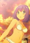  1girl bird blush breasts character_request clouds hair_ornament kayama_kenji looking_at_viewer navel open_mouth palm_tree purple_hair short_hair solo swimsuit tree yellow_eyes 
