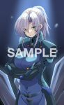  1girl bangs black_background breasts commission covered_navel crossed_arms eyebrows_visible_through_hair fikatsia_latrova fortified_suit green_eyes hair_behind_ear hair_over_one_eye highres kamon_rider large_breasts muvluv muvluv_alternative muvluv_total_eclipse one_eye_covered pilot_suit sample_watermark skeb_commission solo 