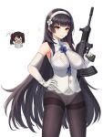  2girls absurdres assault_rifle black_hair black_legwear breasts bullpup daisy_cutter elbow_gloves girls_frontline gloves gun hairband highres holding holding_gun holding_weapon large_breasts long_hair multiple_girls panties panties_under_pantyhose pantyhose qbz-95 rifle shirt smile solo_focus standing type_95_(girls&#039;_frontline) type_97_(girls&#039;_frontline) underwear very_long_hair weapon white_gloves white_hairband white_panties white_shirt yellow_eyes 