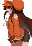  +_+ 1girl absurdres bike_shorts black_gloves black_shorts brown_eyes brown_hair cabbie_hat drawstring fingerless_gloves flasso gloves guilty_gear guilty_gear_strive hat highres hood hoodie looking_at_viewer may_(guilty_gear) open_mouth orange_headwear orange_hoodie orange_shirt shirt shorts skull_and_crossbones solo white_background 