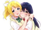  2girls ayase_eli bangs blonde_hair blue_eyes blue_hair blush commentary_request hair_ribbon hand_on_another&#039;s_cheek hand_on_another&#039;s_face highres hug long_hair looking_at_viewer love_live! love_live!_school_idol_project multiple_girls nanatsu_no_umi one_eye_closed open_mouth otonokizaka_school_uniform ponytail ribbon school_uniform shirt simple_background smile sonoda_umi swept_bangs white_background white_shirt yellow_eyes 