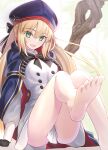 1girl artoria_pendragon_(caster)_(fate) artoria_pendragon_(caster)_(second_ascension)_(fate) artoria_pendragon_(fate) bangs belt beret black_gloves blonde_hair blue_cape blue_headwear blush breasts buttons cape double-breasted dress fate/grand_order fate_(series) feet gloves green_eyes hat highres hood hooded_cape long_hair long_sleeves looking_at_viewer multicolored_cape multicolored_clothes neko_daruma red_cape small_breasts solo twintails white_dress