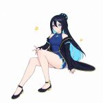 1girl :d bare_shoulders black_coat black_footwear black_hair blue_eyes blue_hair bright_pupils closed_mouth coat colored_inner_hair hair_between_eyes hair_bun highres indie_virtual_youtuber invisible_chair long_sleeves looking_at_viewer multicolored_hair open_clothes open_coat pokey_pokums shoes simple_background sitting siun smile solo white_background white_pupils 