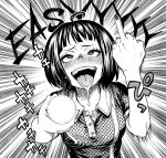  1girl ahegao ahoge blush bob_cut commentary dead_by_daylight drooling feng_min flashlight greyscale highres medium_hair middle_finger monochrome motion_lines polo_shirt solo takayama_akira tongue tongue_out upper_body 