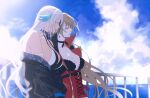  2girls amazuki_jou azur_lane bangs black_choker black_jacket blue_sky breasts brown_hair choker closed_eyes clouds cloudy_sky commentary day earrings feather_hair_ornament feathers gloves hair_ornament halterneck highres horizon jacket jean_bart_(azur_lane) jewelry laughing long_hair long_sleeves massachusetts_(azur_lane) medium_breasts multiple_girls ocean off_shoulder open_mouth outdoors railing red_gloves red_jacket sky smile standing sunlight white_hair wind 