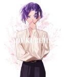  1boy blonde_hair character_name collared_shirt covering_mouth ear_piercing earrings floral_background flower highres jewelry kureha_aoi long_sleeves looking_at_viewer multicolored_hair nyamnyam0502 pants paradox_live piercing purple_hair shirt short_hair solo violet_eyes white_background white_shirt 