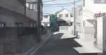  blue_sky building commentary_request door fence hakuurei_amano highres house no_humans original outdoors power_lines road scenery shadow sky street tree utility_pole wall watermark window 