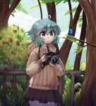  1girl ahoge anakoluth animal_ears aqua_eyes black_skirt blue_hair brown_sweater bug butterfly camera day eyebrows_visible_through_hair forest furry furry_female highres holding holding_camera long_sleeves looking_away nature original outdoors parted_lips short_hair skirt solo sweater tree 