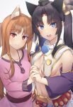 2girls animal_ear_fluff animal_ears bangs blue_eyes breasts eyebrows_visible_through_hair eyelashes eyes_visible_through_hair fate/grand_order fate_(series) hair_ornament highres holding_hands holo long_hair looking_at_viewer multiple_girls open_mouth pinta_(ayashii_bochi) red_eyes spice_and_wolf ushiwakamaru_(fate) wolf_ears wolf_girl