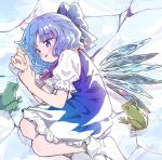 1girl ahoge animal bangs blue_bow blue_dress blue_eyes blue_hair blush bow bowtie cirno colored_skin commentary_request dress eyebrows_visible_through_hair eyelashes fingernails frog green_skin hands_up highres ice ice_wings looking_at_another lying no_shoes on_side open_mouth parted_bangs puffy_short_sleeves puffy_sleeves purple_bow purple_bowtie satomachi shadow shirt short_hair short_sleeves smile socks tongue touhou white_legwear white_shirt window wings 