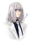  1boy alternate_costume bangs black_shirt blue_eyes collared_shirt commentary_request fate/grand_order fate_(series) formal glasses highres jacket looking_at_viewer male_focus medium_hair necktie no_wings oberon_(fate) shirt simple_background smile solo sparkle u_5ham0 undefined upper_body white_background white_hair white_jacket white_necktie 