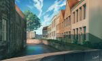  absurdres blue_sky building commentary_request day grass hakuurei_amano highres house no_humans original outdoors river scenery shadow sky tree water watermark 